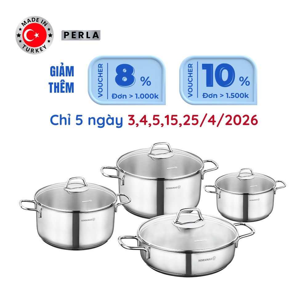 Bộ nồi bếp từ inox 4 món cao cấp Korkmaz Perla nắp kính 1.8L, 3.5L, 5.5L, 3L - A1606 - Ảnh 4