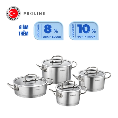 Bộ nồi bếp từ inox 4 món cao cấp Korkmaz Proline nắp kính 2L, 4L, 6.3L, 3.1L - A1147