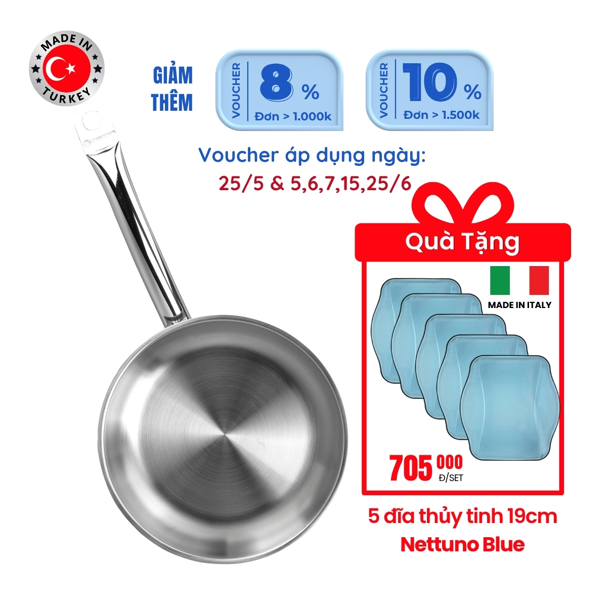 Chảo inox bếp từ cao cấp Korkmaz Proline 24cm - A1153 - Tặng 5 đĩa Nettuno 19cm