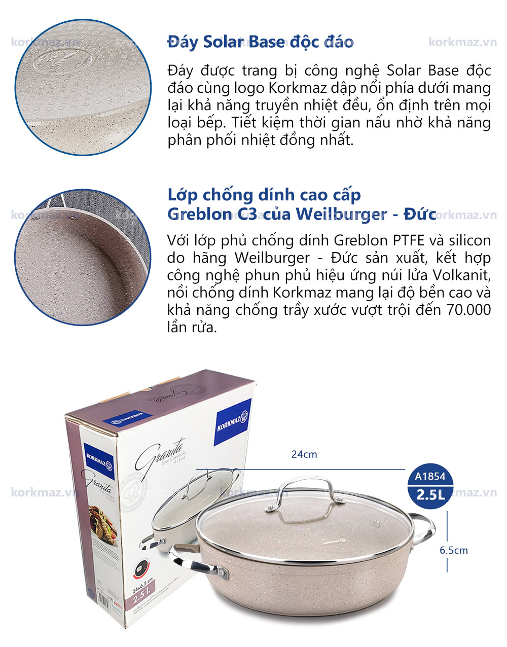 Nồi chống dính bếp từ cao cấp Korkmaz Granita thân thấp 2.5 lít - Ø24x6.5cm - A1854 - Ảnh 9