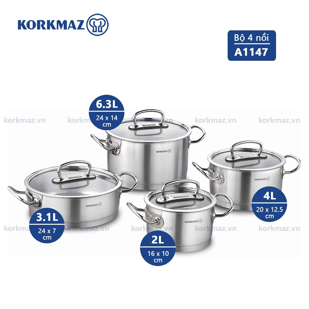 Bộ nồi bếp từ inox 4 món cao cấp Korkmaz Proline nắp kính 2L, 4L, 6.3L, 3.1L - A1147 - Ảnh 8
