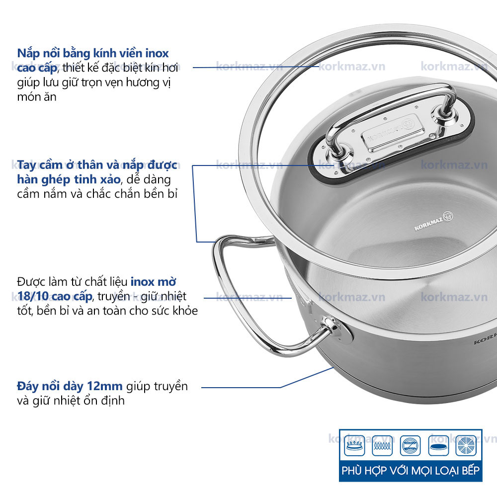 Bộ nồi bếp từ inox 4 món cao cấp Korkmaz Proline nắp kính 2L, 4L, 6.3L, 3.1L - A1147 - Ảnh 6