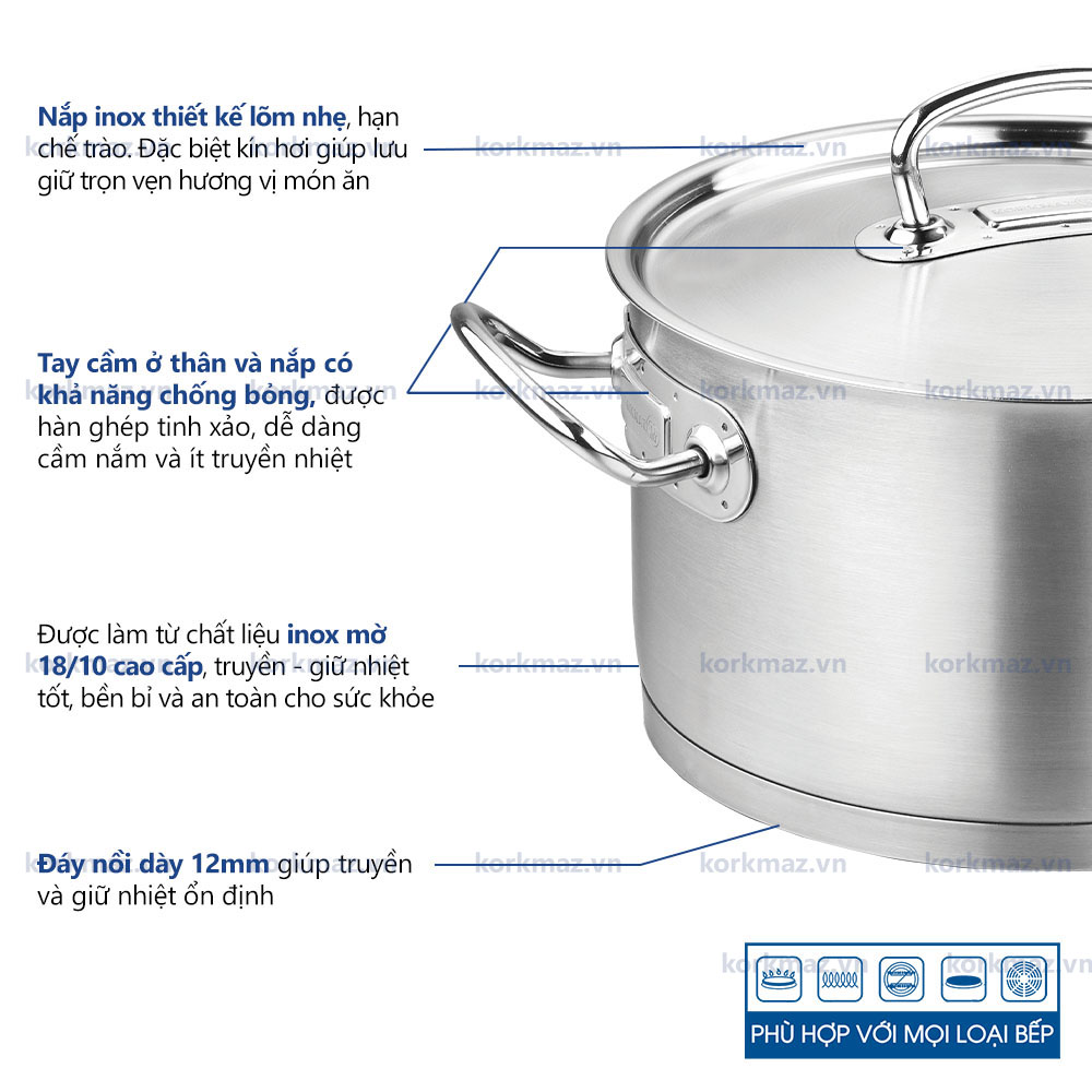 Nồi nấu bếp từ inox cao cấp Korkmaz Proline 2.7 lít thân cao - Ø16x14cm - A1164 - Ảnh 4