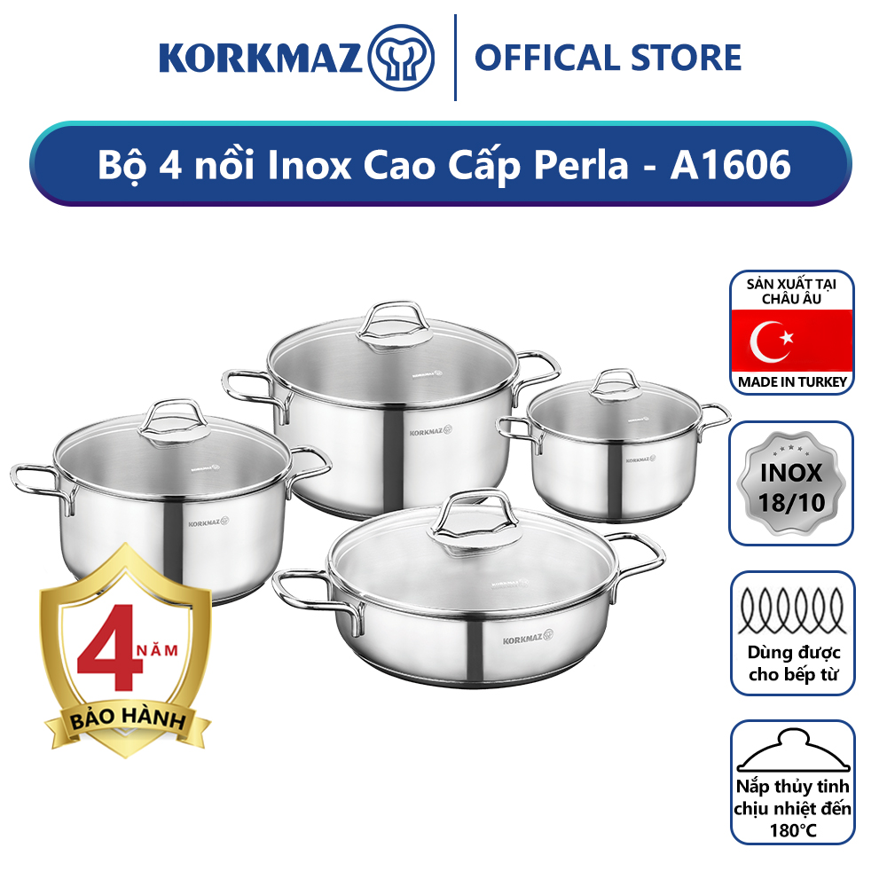 Bộ nồi bếp từ inox 4 món cao cấp Korkmaz Perla nắp kính 1.8L, 3.5L, 5.5L, 3L - A1606 - Ảnh 5