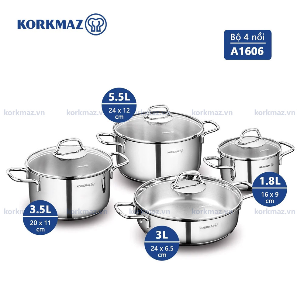 Bộ nồi bếp từ inox 4 món cao cấp Korkmaz Perla nắp kính 1.8L, 3.5L, 5.5L, 3L - A1606 - Ảnh 9