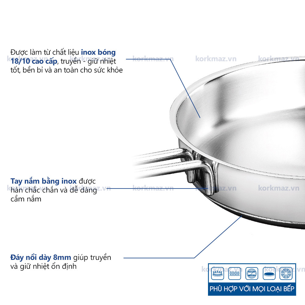 Chảo nấu bếp từ inox cao cấp Korkmaz Perla - Ø24cm - A1659 - Ảnh 4