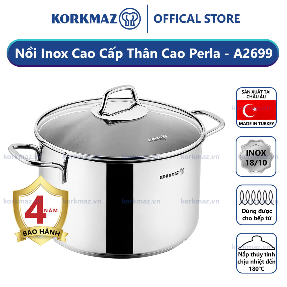Nồi nấu bếp từ inox cao cấp Korkmaz Perla 7.8 lít thân cao - Ø24x17cm - A2699 - Ảnh 2