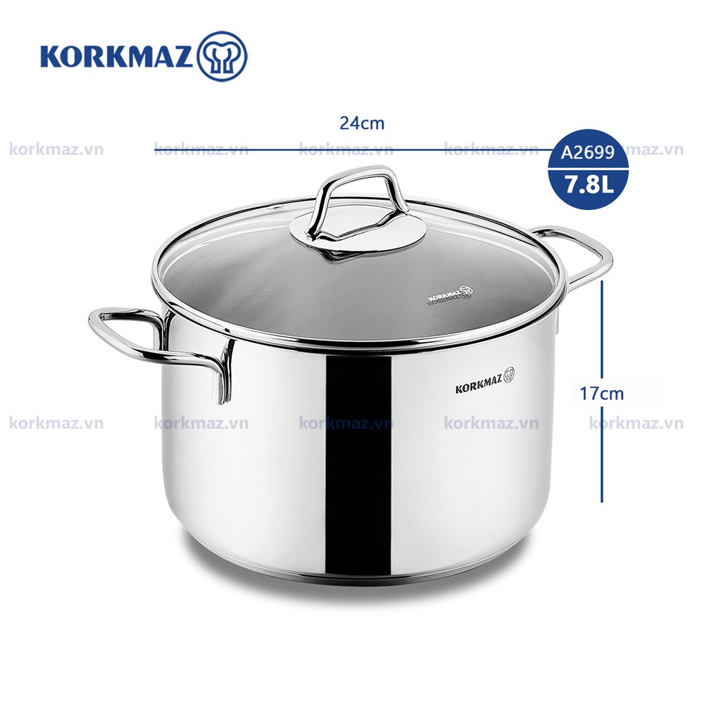 Nồi nấu bếp từ inox cao cấp Korkmaz Perla 7.8 lít thân cao - Ø24x17cm - A2699 - Ảnh 3