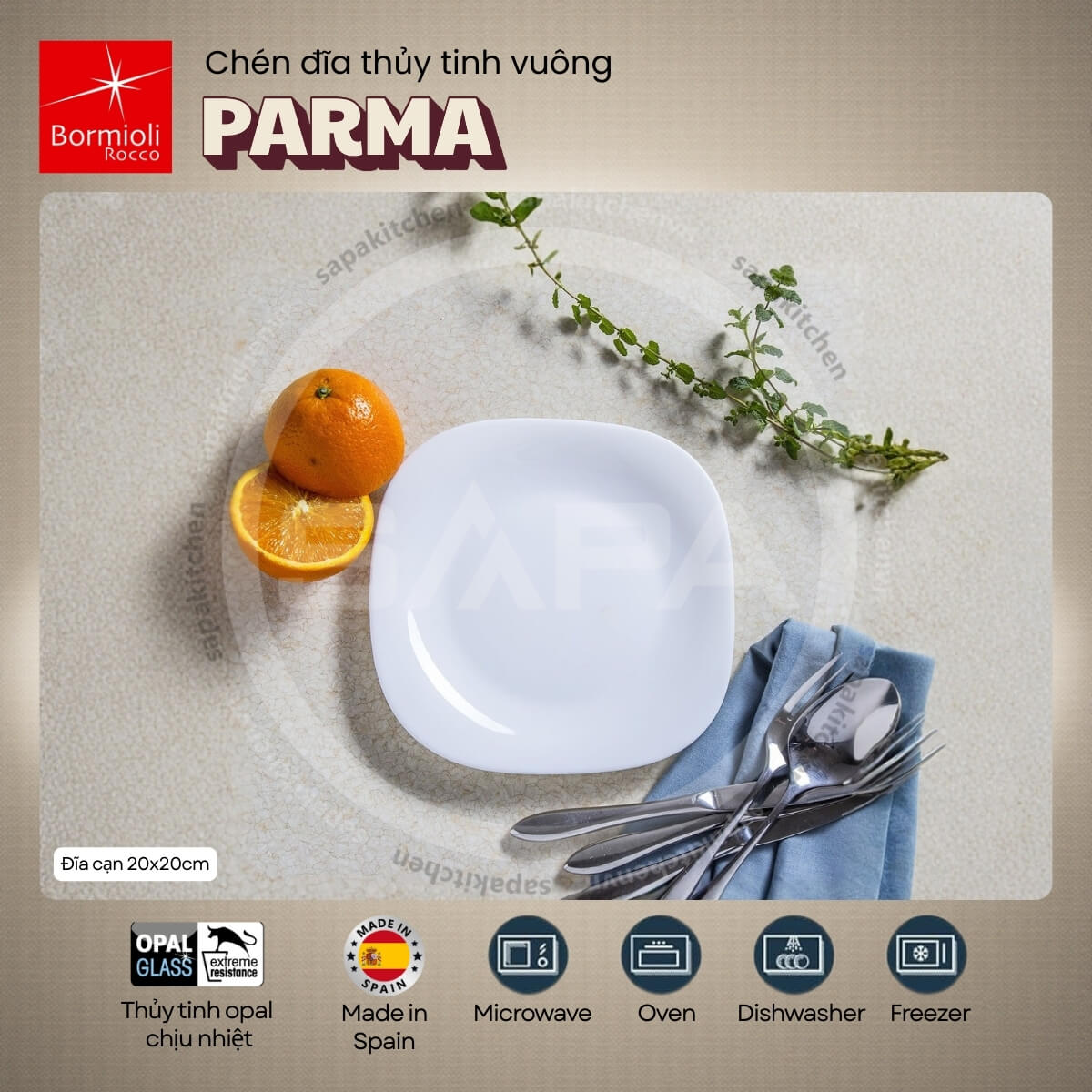 Đĩa thủy tinh vuông nhỏ Parma 20 cm - Ảnh 2