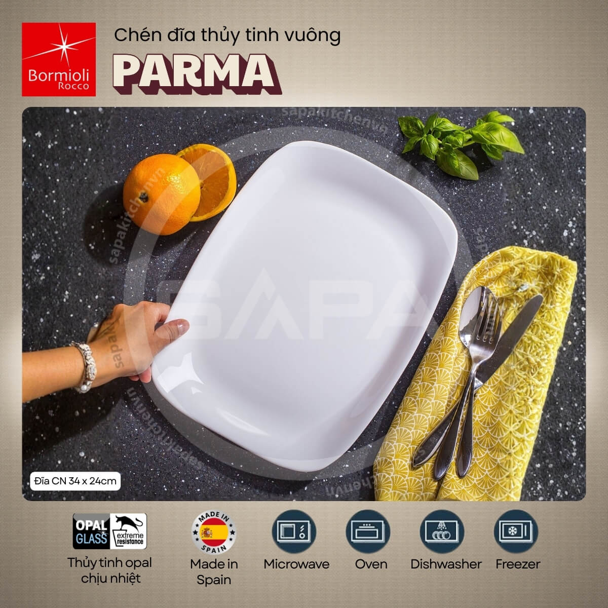 Đĩa thủy tinh chữ nhật lớn Parma 24 x 34 cm - Ảnh 2