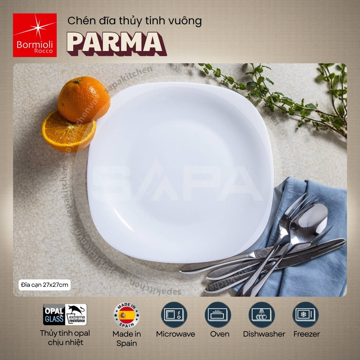 Đĩa thủy tinh vuông lớn Parma 27 cm - Ảnh 2